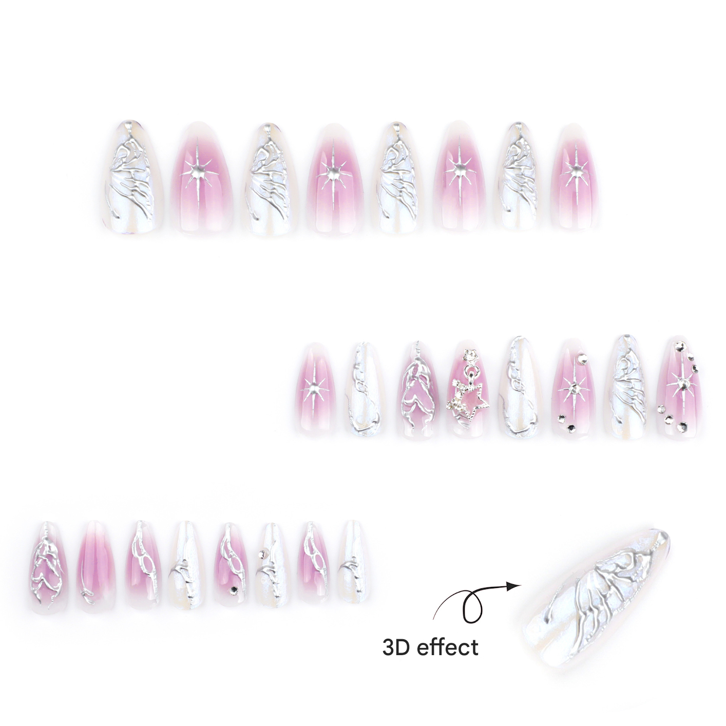 Glossy 3D Star Coffin Press-On Nails – Long Pink White Gradient False Nails