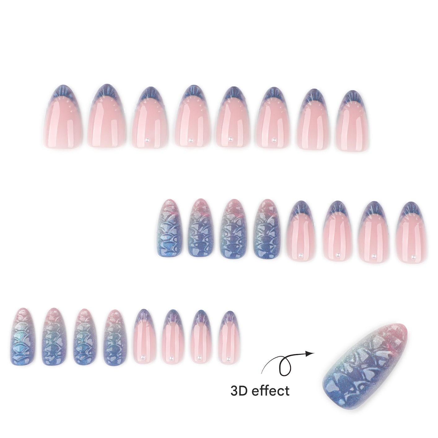 Glossy 3D Mermaid Scale Press-On Nails – Medium Almond Glue-On False Nails